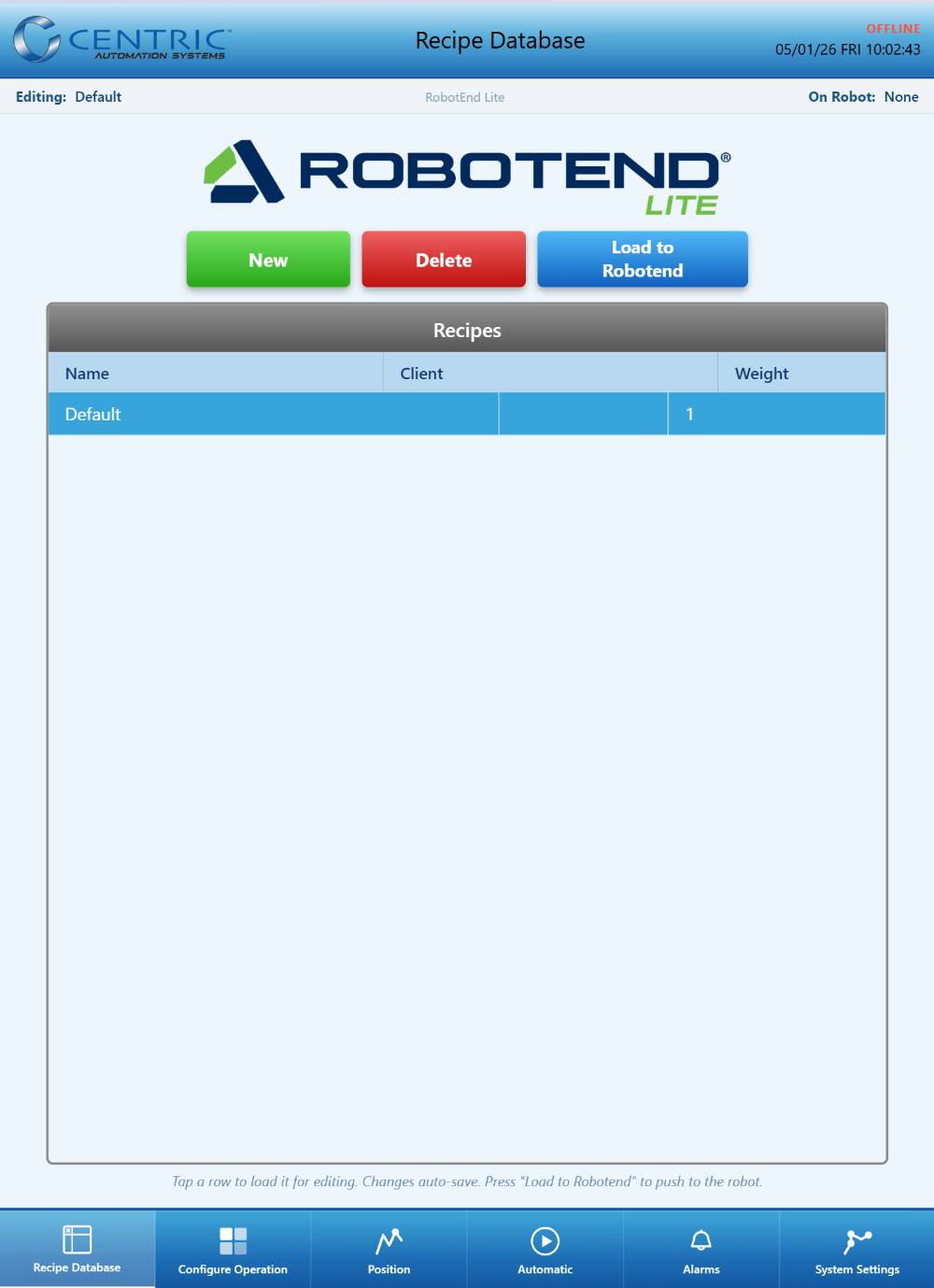 Robotend Lite HMI recipe database