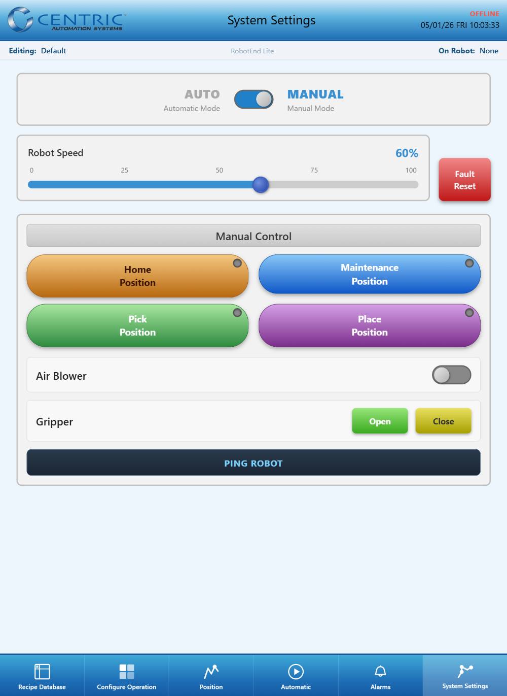 Robotend Lite HMI system settings